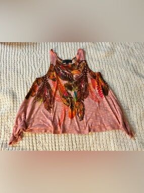 Almost Famous Peach-Pink Feather Print Tank